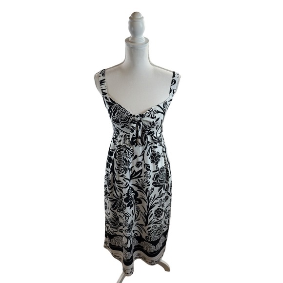 Knox Rose Black & White Floral Midi Dress Knot Keyhole Front and Smocked Back XS - Picture 3 of 10